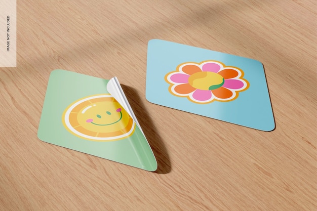 Rhombus Stickers on Wooden Background Mockup, Left View