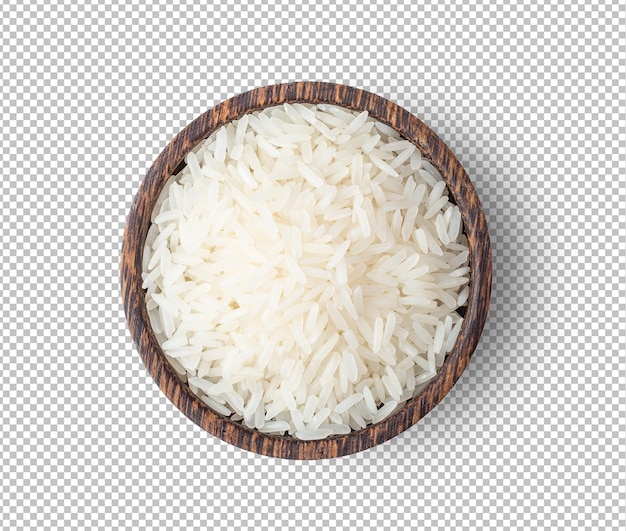 Rice grains in wood bowl isolated on alpha layer