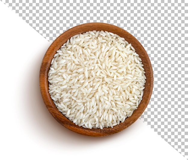 PSD rice groats in wooden bowl isolated on white background top view