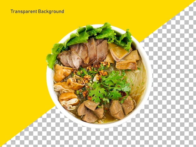 Rice noodle with braised pork and beef balls on transparent background