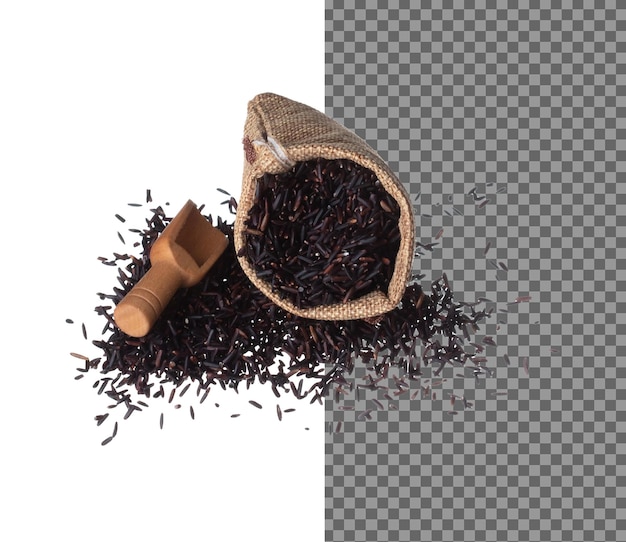 PSD riceberry riso esplosione volante sacco sacchetto nero viola bacca grano ondata galleggiante cadere in aria riceberry è cibo organico sano sfondo bianco isolato otter ad alta velocità congelamento stop motion