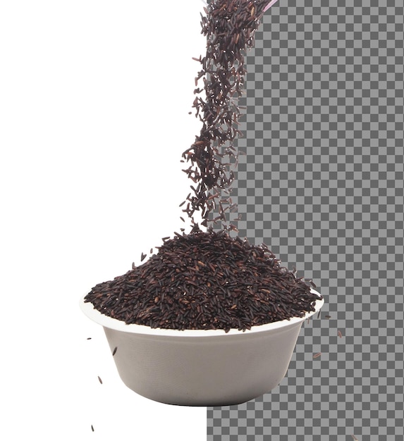 PSD riceberry rice pouring down in to bowl cup black purple berry grain wave floating fall in air rice berry is organic healthy food white background isolated high speed shutter freeze stop motion