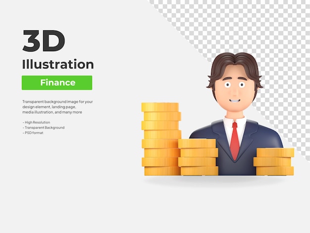Rich businessman success financial freedom 3d icon illustration