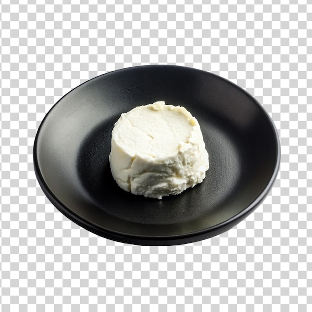 PSD ricotta cheese on black plate isolated on transparent background