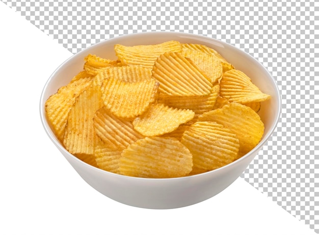 Ridged potato chips in bowl isolated on white background