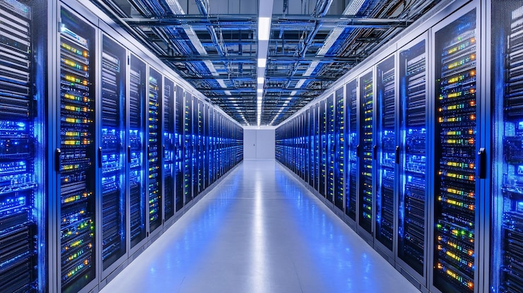 PSD rijen serverracks in een modern datacentrum verlicht door blauwe lichten die een futuristische en technologische sfeer creëren
