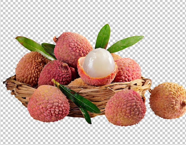 Rijke lychee-vruchten met geïsoleerde bladeren op een doorzichtige achtergrond