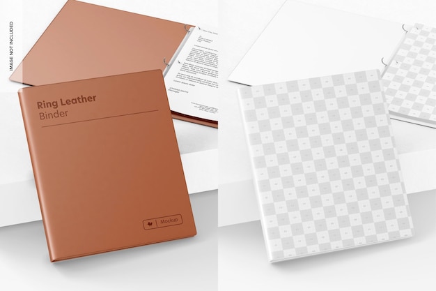 Ring leather binders mockup, leaned and opened