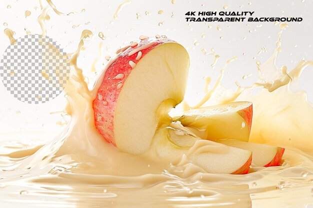 Ripe apple slices with a juice wave isolated on transparent background