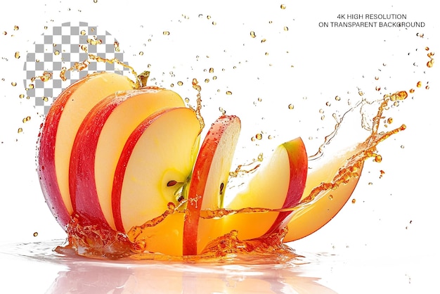 Ripe apple slices with juice wave isolated on transparent background