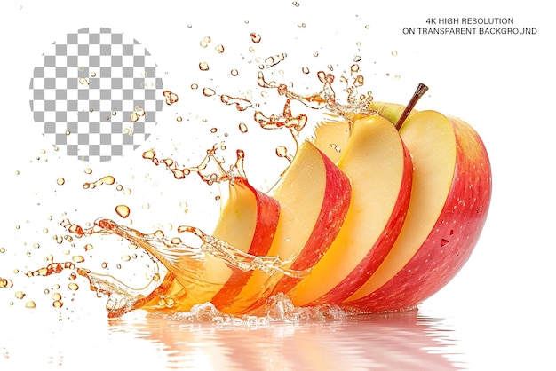 Ripe apple slices with juice wave isolated on transparent background