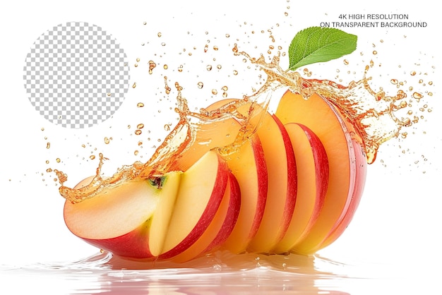 Ripe apple slices with juice wave isolated on transparent background