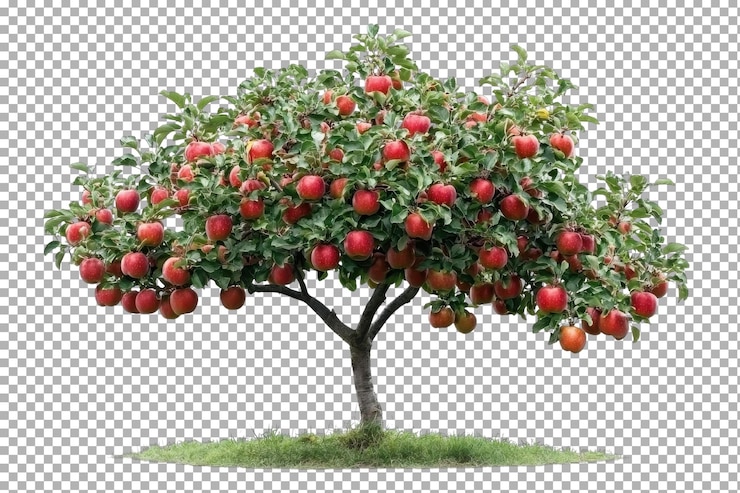PSD ripe apple tree filled with red apples ready for harvest in a sunny orchard