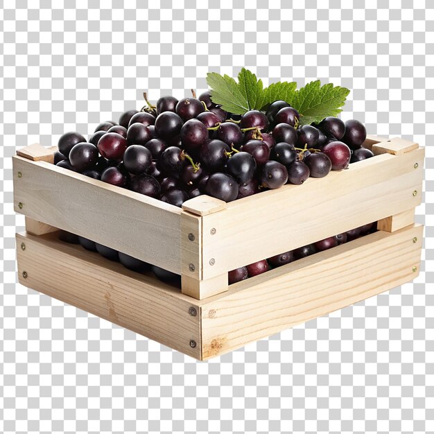 PSD ripe black grapes in a wooden box isolated on transparent background