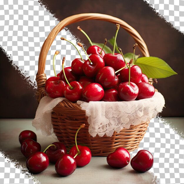 PSD ripe cherries in basket transparent background