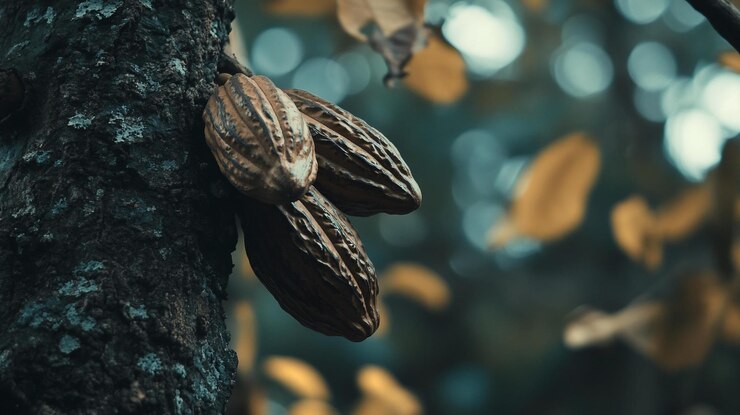 PSD ripe cocoa pods growing on a tree trunk