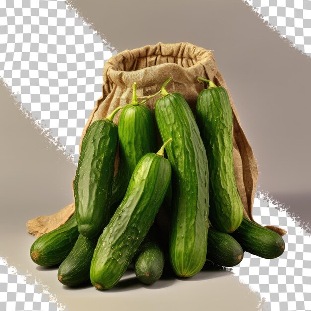 Ripe green cucumbers in a bag on a transparent background