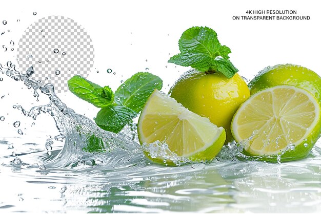 Ripe limes fresh mint with splashing water on transparent background