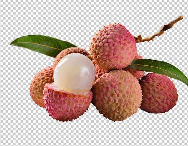 PSD ripe lychee fruit with leaves isolated on transparent background