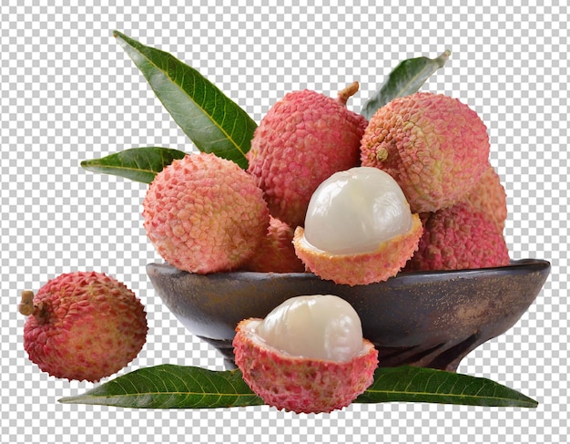 Ripe lychee fruit with leaves isolated on transparent background