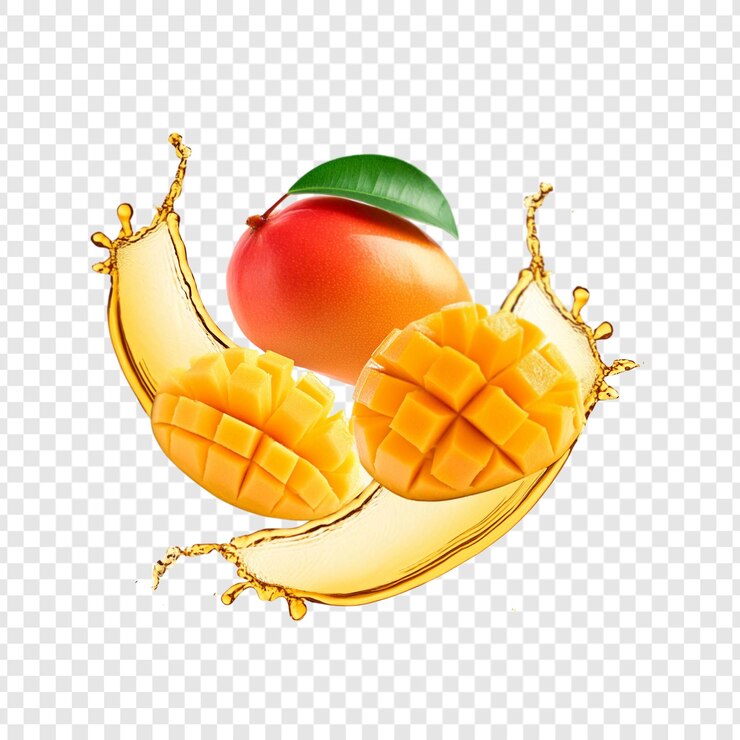 PSD ripe mango slices with mango juice splash isolated on transparent background