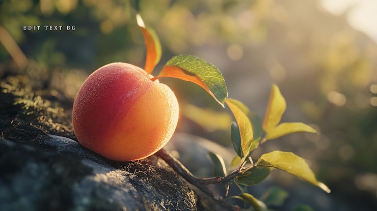 PSD ripe peach resting on mossy branch backlit by warm sunlight