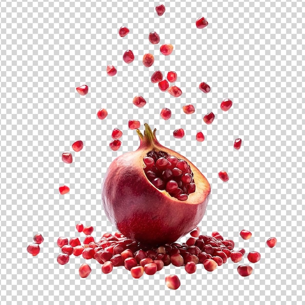 PSD ripe pomegranate fruit falling into the air isolated on transparent background