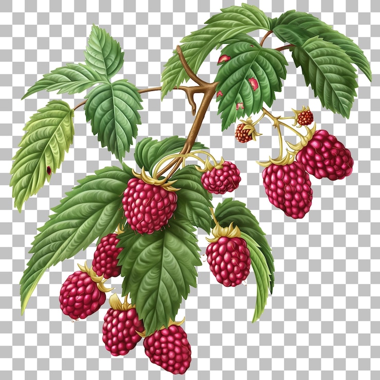 PSD ripe raspberry fruit plant isolated on transparent background