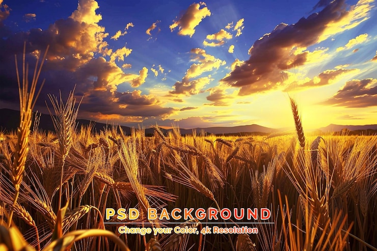 PSD ripe rye spikelets field at beautiful sundown background