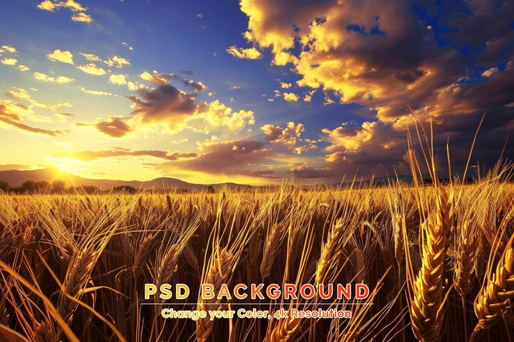 PSD ripe rye spikelets field at beautiful sundown background