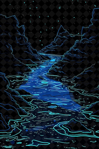 Un fiume nelle montagne con uno sfondo ad acquerello blu