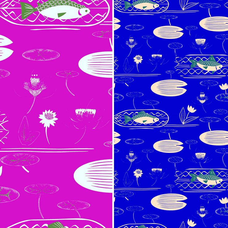 PSD river patterns with fish canoe and water lily silhouettes bl png traditional abstract designs