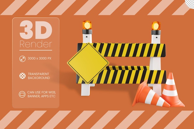 PSD road barrier diamond warning sign traffic cone and warning lamp 3d illustration