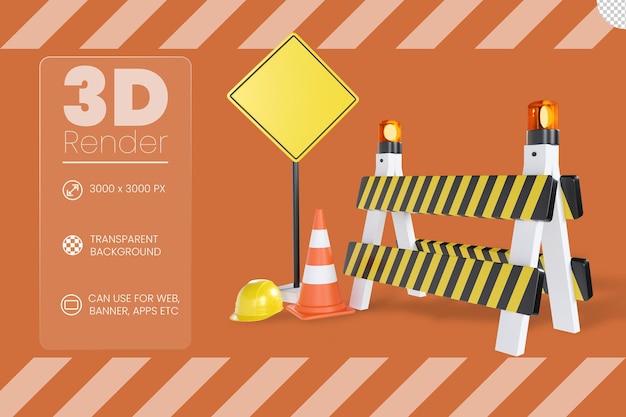 Road barrier diamond warning sign traffic cone and warning lamp 3d illustration