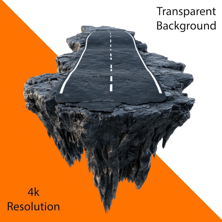 PSD a road floating in the air above black rock with an isolated white background transparent alpha background png