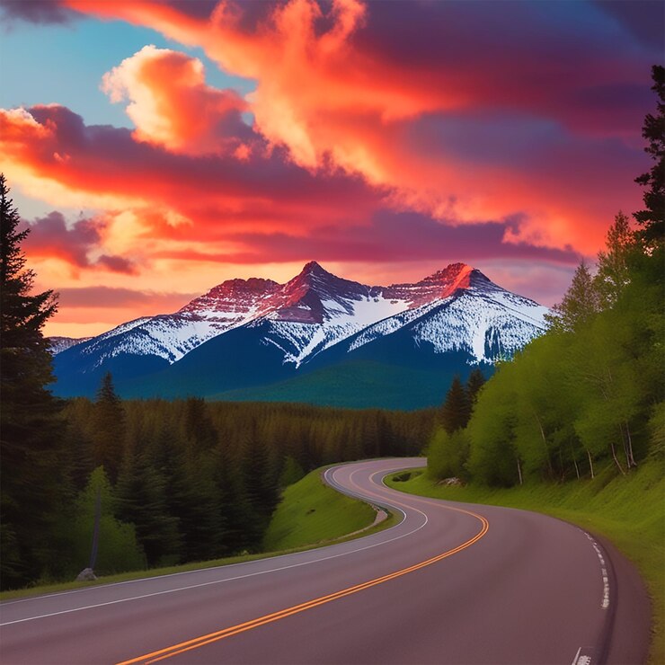PSD a road with a mountain in the background and a red sky with a mountain in the background