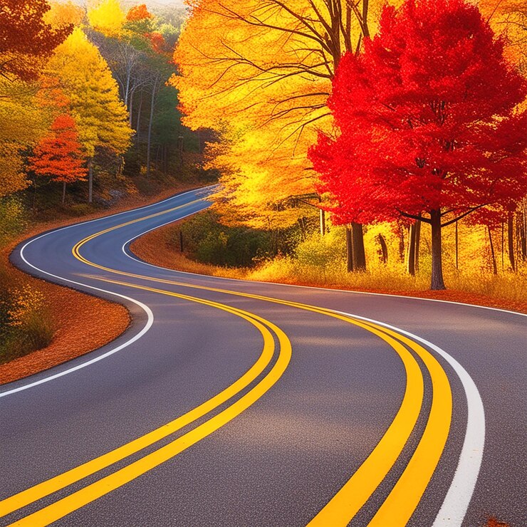 PSD a road with a red maple tree on the left side