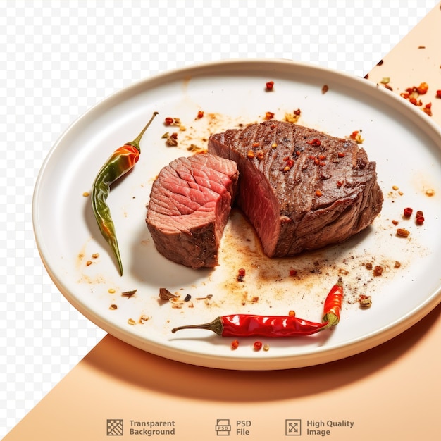 Roast beef fillet mignon on transparent background plate with chili pepper isolated over transparent background