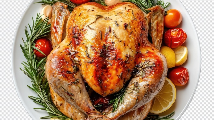 PSD roast chicken garnished with herbs and vegetables on a white plate served on a festive table