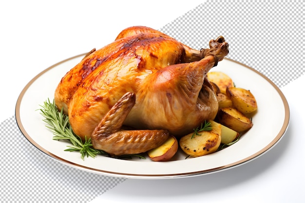 PSD roast chicken with potatoes and rosemary on transparent background