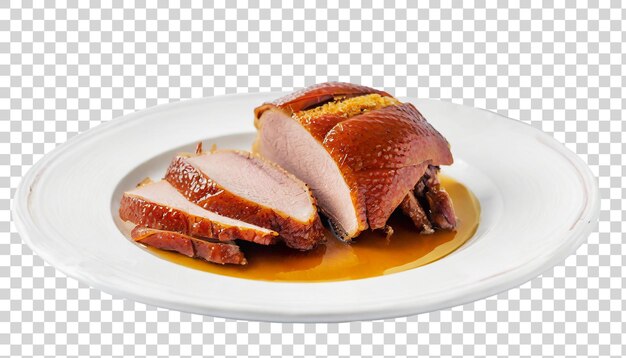 PSD roast duck with sauce on a white plate isolated on a transparent background