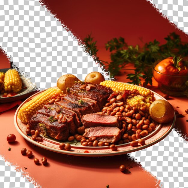 PSD roasted beef with beans and corn on a red plate transparent background