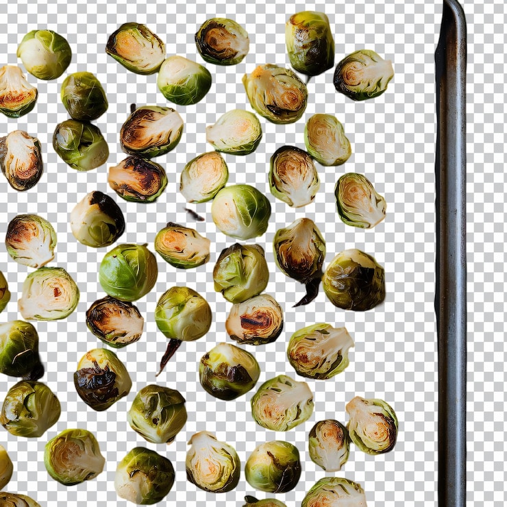 PSD roasted brussel sprouts on a baking sheet isolated on transparent background