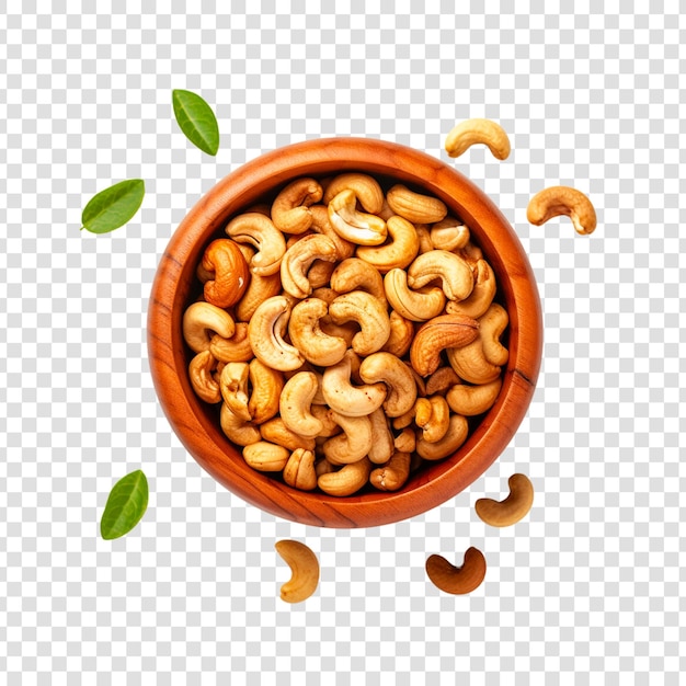 Roasted cashew nut in a bowl isolated on a transparent background