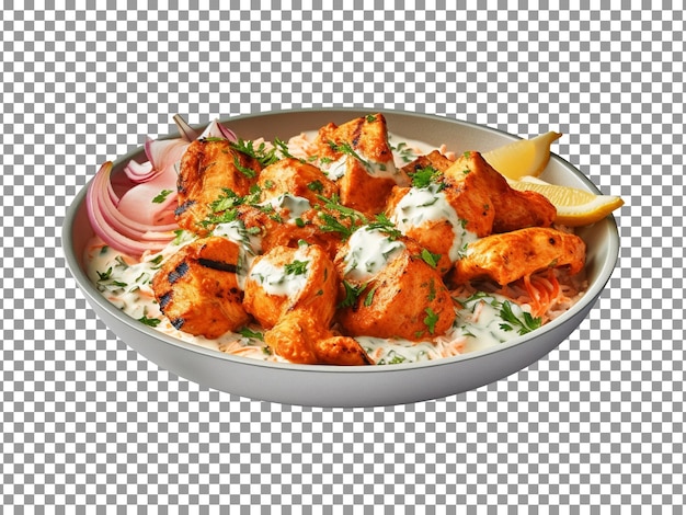 PSD roasted chicken pieces with sauce and lemon wedges isolated on transparent background