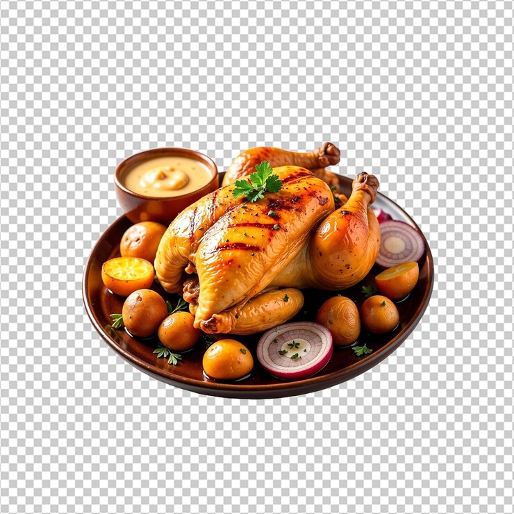 PSD roasted chicken with potatoes and onions isolated on a transparent background