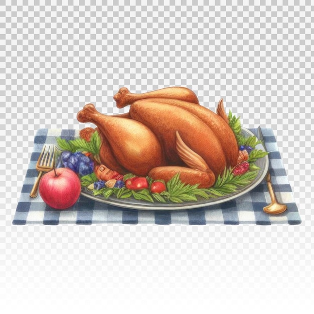 PSD pollo arrosto con verdure raccolta autunnale ringraziamento stile dipinto colorato