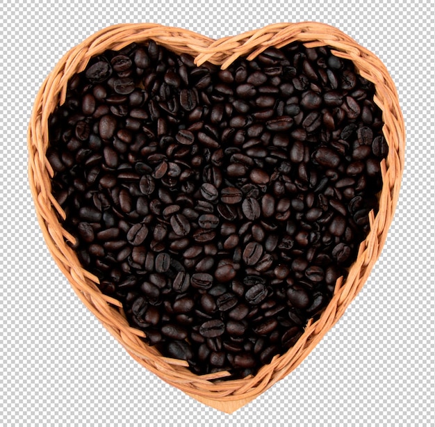 Roasted coffee beans in heart basket with transparent background png
