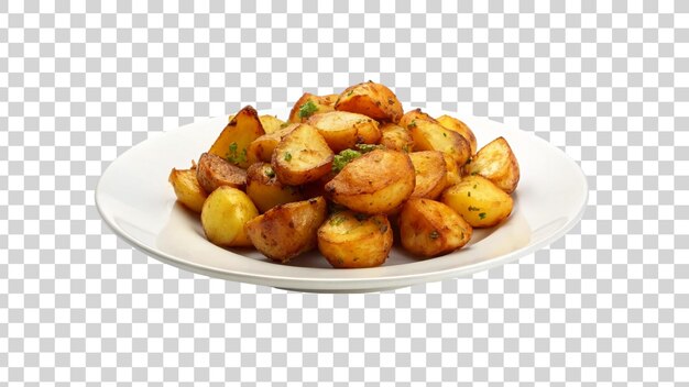 PSD roasted potato on white plate on transparent background