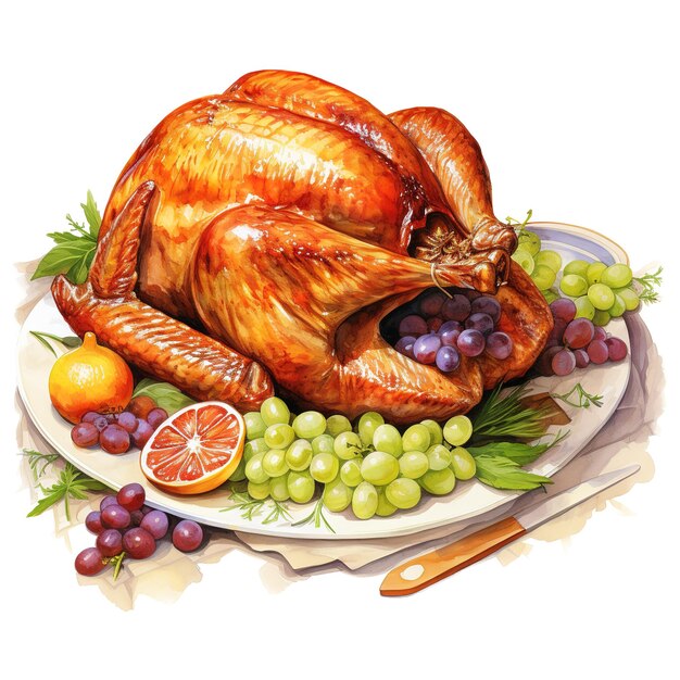 PSD roasted turkey foods illustration watercolor style ai generated